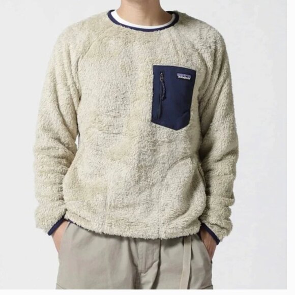 Patagonia Los Gatos Teddy High Pile Fleece Crew Neck Tan/Navy Size XS - Picture 1 of 10